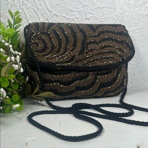 Chadwick Elegant Black Gold Beaded Crossbody Shoulder Evening Bag Rope Strap